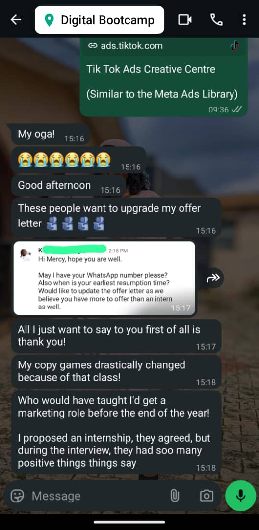 WhatsApp testimonial from Mercy about improving her copy and receiving a marketing job offer