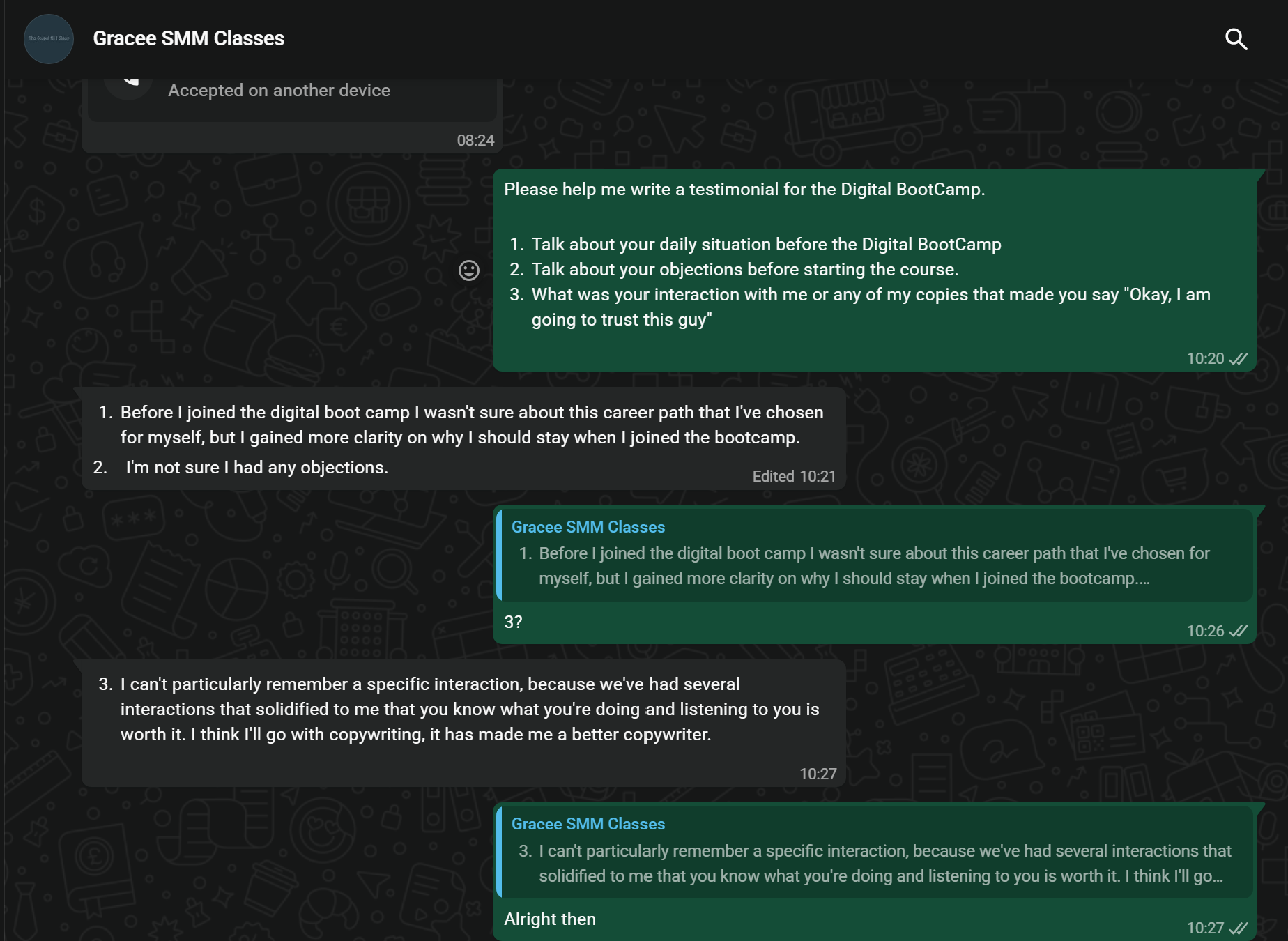 WhatsApp testimonial from Grace about gaining career clarity through the Digital BootCamp